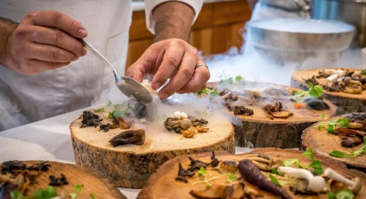 Un chef dresse avec art un plat gastronomique avec des champignons et des légumes verts sur des tranches de bois.