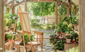 A garden filled with lots of potted plants
